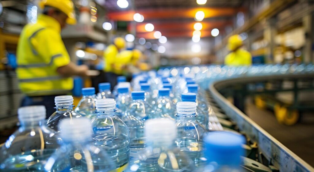 ai generated, bottles, nature, factory, plastic, conveyor, industrial, production, workers, machinery, manufacturing, industry, packaging, beverage, process, automation, equipment, workplace, water